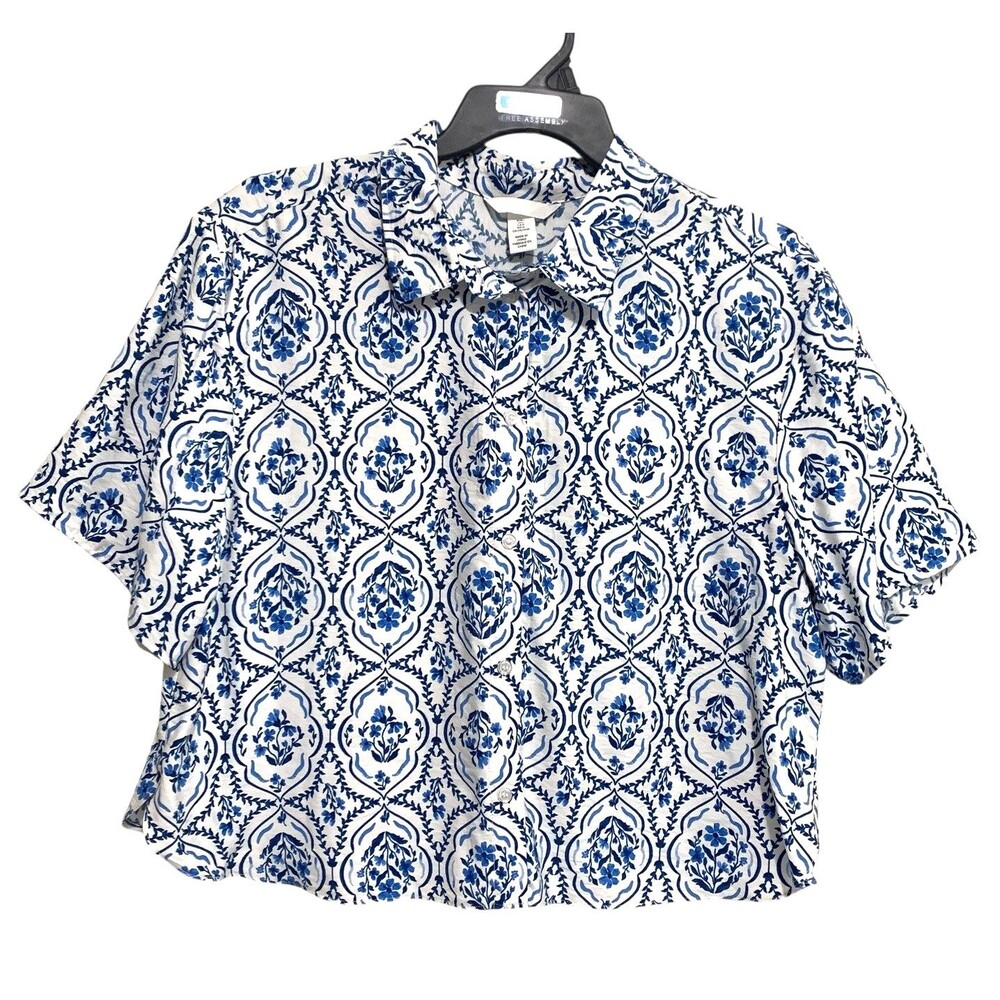 NEW H&M Blouse Crop Top Womens Sz Large Blue White Green Short Sleeve Button-Up